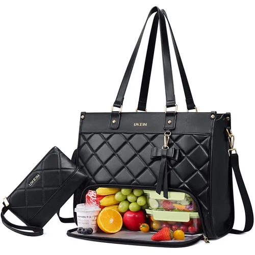 UKEIN Women's Coquette Quilted PU Leather Durable Lunch Bag - Reusable Thermal, Leakproof, Waterproof, High-Capacity, Hangable, Food-Safe, Zippered, Adjustable Strap for Daily Commute, Work