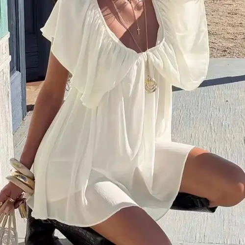 Sexy Deep V Backless Chiffon Dress Elegant Daily Wear Women Ruffles Club Party Solid Mini Dress Short Dress
