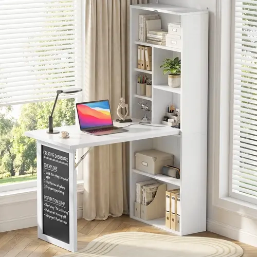 6-in-1 Foldable Laptop Desk - Modern Home Office Commercial Furniture, Foldable Writing Workstation with Outlets, USB Ports, Blackboard, Adjustable Shelf Fits Books or Tools, Charging Station for Small Spaces