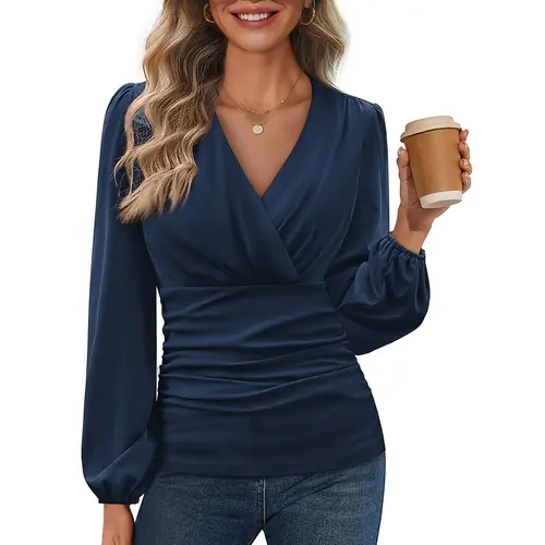 Grace Karin Women's Chic Fitted Long Sleeve Wrap V-Neck Blouse - Ruched Tummy Control Stretchy Elastane Breathable Top, Corporate Office Wear, Going Out, Everyday Tops