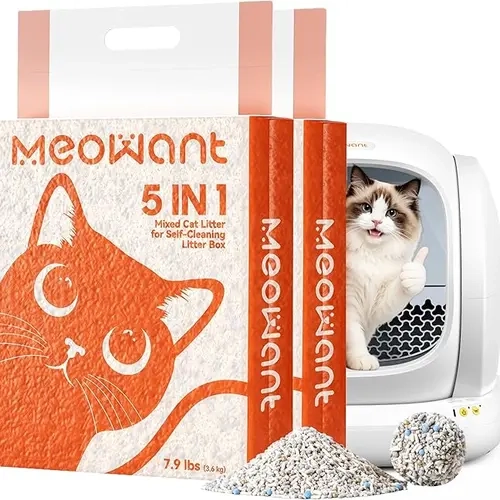 Meowant 5-in-1 Formula Mixed Granule Bentonite Tofu Cat Litter with Baking Soda, Food-Grade Safe, Low Tracking, Quick Clumping, Highly Absorbent, Dust-Free Odor Lock, Lightweight for Automatic Litter Boxes, 7.9 lbs*2 Packs