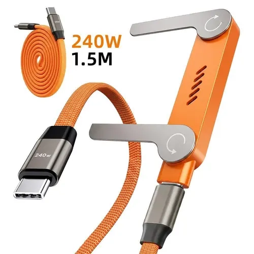 Toolupgrade 240W USB-C to USB-C Fast Charging Supported Cable - 1.5M/5ft Braided Nylon Cord, L-Shaped Gamer Connector, Folding Phone Stand, 480Mbps Data Transfer, Durable for Gamers, iPhone 15, MacBook, iPad, Samsung Devices