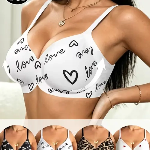 Women's 4-Pcs Seamless Wireless Everyday Bras (Size S) - V-Neck, Anti-Sagging Shaping, Removable Pads, Adjustable Thin Straps, Buttery Smooth Touch Fabric, Leopard Print, Full Coverage, Breathable, Non-Slip, Hand Wash for Chic Retro Looks