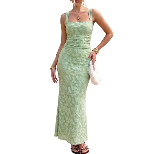 BORIFLORS Women's Elegant Floral Embroidery Square Neck Sleeveless Ruched Bodycon Maxi Dress - Double-Lined, Mermaid Flared Hem, Romance Formal Clothes for Wedding Guest, Baby Shower