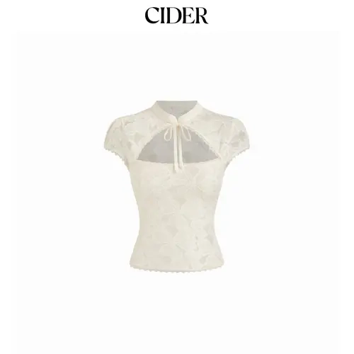 Cider Floral Lace Stand Collar Cut Out Bowknot Short Sleeve Top