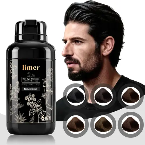 Limer 6-in-1 Men's Hair Dye Shampoo Cleanser - 460ml Argan Oil, No Bleach Herbal Formula, Ammonia-Free, Targets Roots Temples & Beard, Grey Coverage, Aging Hair Restore, Long-Lasting, Easy Apply & Rinse Haircare