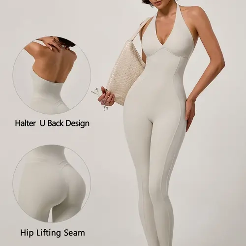 TIMEOFF Women's Halter U-Back Long Gym Jumpsuit - Contour Hip-Lifting Seam, 4-Way Stretch Naked Soft Fabric, No-Chafing Body-Sculpt Fit, Athleisure & Modern Women's Sports Jumpsuits Clothing for Yoga, Pilates