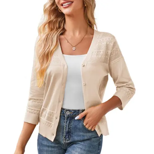 GRACE KARIN Women's 2026 Cropped Cardigan 3/4 Sleeve Lightweight Crochet Shrug Hollowed-Out Knit Sweater Tops
