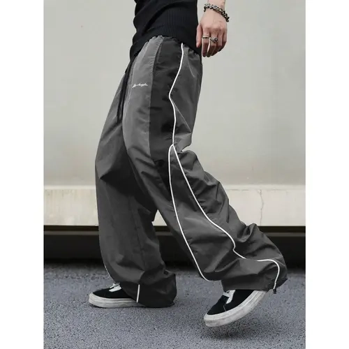 Men's Black Colorblock Casual Joggers - Men's Pants, Streetwear Embroidered Straight Leg with White Side Stripes, Drawstring Waist Polyester Sweats for Casual Gym, Father's Day Gifts for Him