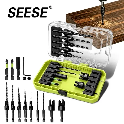 SEESE 15 pcs Drill Bits Set - 1/4 Inch Hex Shank Countersink Chamfering Tool with Depth Stop Control, Extension Shaft, Quick-Change Power Tool Accessory, Long-Life Storage Box, Efficient Drilling, 2x Longer Lifetime,Halloween gifts