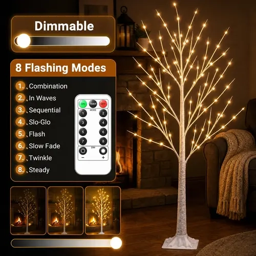 HOODINK 6FT LED Illuminated Christmas Birch Tree, 120 Warm White Party Lights, 8 Twinkling Modes, Dimmable Decoration for Both Indoor/Outdoor Home & Community Event Use