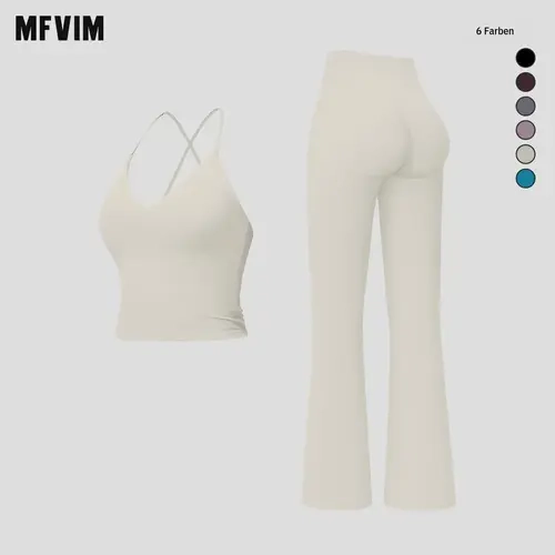 MFVIM Women’s Minimalist 2-Piece Sleeveless Set - Adjustable Crisscross Backless Camisole & High-Waisted Flared Wide-Leg Pants, Pilates-Ready Fit Workout Sets for Women