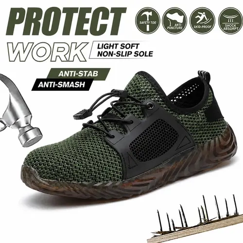 Men's Steel Toe Work & Safety Shoes - Lace-Up, Round Toe, Lightweight, Mesh Fabric, Rubber Sole, EVA Cushioning, Puncture-Resistant, Non-Slip for Warehouse, Mechanic Use