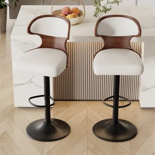 Barstool Furniture - Adjustable Counter Height Chair (24.5-33.5in), 360-Rotational Bentwood Swivel, Artificial Leather Upholstered with Back & Footrest for Bar, Kitchen, Coffee Shop