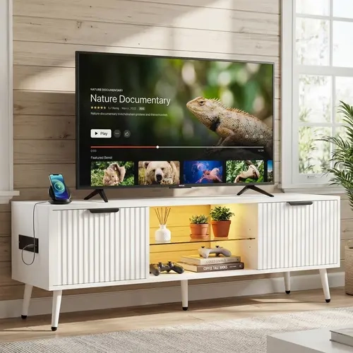 Cyclysio Fluted TV Stand - Modern Indoor Furniture Entertainment Center with Power Outlet, RGB LED Lights, Adjustable Glass Shelves for 32"-65" TVs