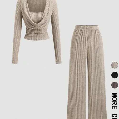 2 PieceViral Co Ord Set Long Sleeve Cowl Collar Faux Layer Short Top & Full Elastic Waist Straight Wide Leg Trousers Matching Outfit