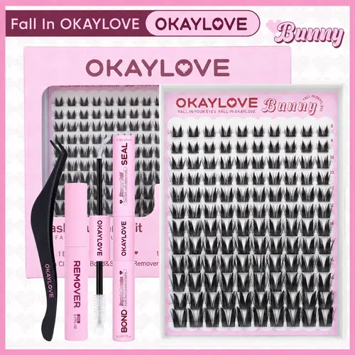 OKAYLOVE Lightweight Cross Manga Lash Cluster Kit, Eyelash Set with Waterproof Long-Lasting Bond, Seal, Tweezers, Remover for Easy At-Home DIY Application, Student Cosmetic Back to School Gift