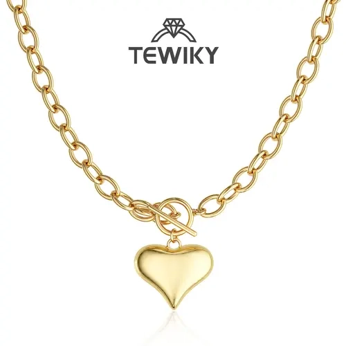 Tewiky Gold Large O Link Chain Puffy Heart Pendant Necklace for Women, Shiny Smooth Statement Necklace For Valentineday Back To School