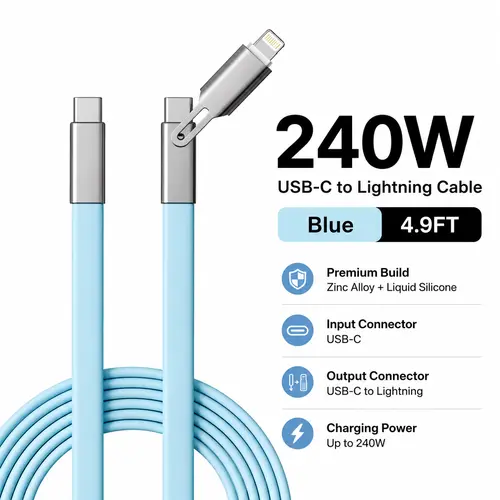 2-in-1 Charger Cable - USB-C to USB-C & Lightning, 240W PD Fast Charging, 240W Power, 480Mbps Data Transfer, Liquid Silicone Flexible Wire, Premium Build, for iPhone 17/16/15/14, iPad, Samsung Devices (Fast Charging Adapters & Cables Accessory)