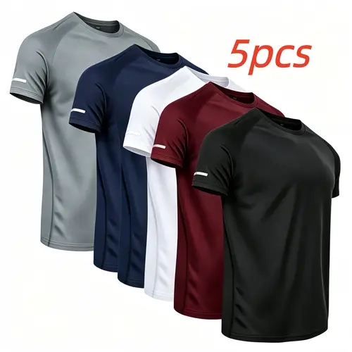 5-Pack Men's Workout Shirts, Quick-Drying Breathable Cooling Mesh Moisture Wicking Short Sleeve Athletic tees, Round Neck Solid Color Gym Running Tops, Mens Clothes Value Set,Essentials Summer Activewear, Practical Gifts For Boyfriend Camiseta Para Hombre