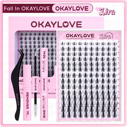OKAYLOVE Lira Natural Lash Cluster Kit - Lightweight Fiber Eyelash Clusters, Spiky Manga Dramatic Cross Lashes, All Cd-Curve Curl, Long-Lasting Bond, Seal, Tweezers, Remover, for DIY At-Home Application, Doll Makeup Enthusiasts, Cosmetics Gifts
