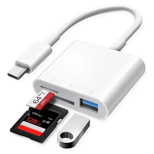 1x 3-in-1 USB-C Adapter - Compact Portable SD/MicroSD Card Reader, OTG Hub, Type-C to USB-A Converter, Plug-and-Play for Content Creators, Fast Data Transfer for iPhone 15/16, Android Phones, Laptops (3-in-1 Design)
