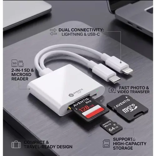 2-in-1 Compact Dual Slot SD Card Reader USB-C, Portable Travel-Ready Memory Card Adapter Hub, Fast Data Transfer for Home & Office, Compatible with MacBook, iPad, Android Phone