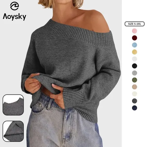 Aoysky Women's New Year Chic Medium Length Off-Shoulder Knit Pullover Sweater - Long-Sleeve Boat Neck, Ribbed Cuff, Hang Dry, for Work, Party, Off-Shoulder Fashion, Sweaters for Women