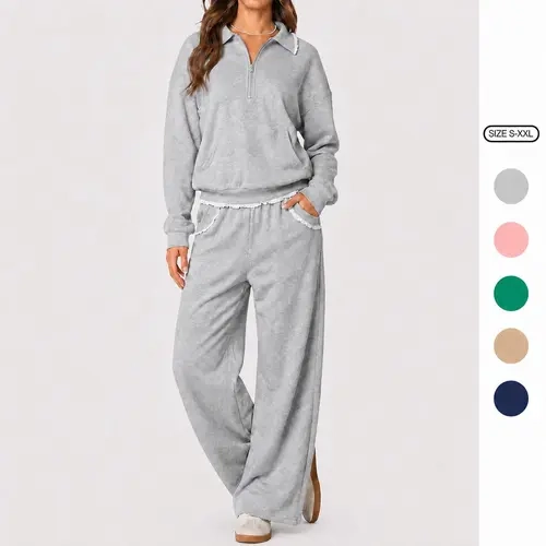 Imily Bela Women 2 Piece Ruffle Trim Lounge Sweatsuit Half Zip Collar Pullover Top Wide Leg Sweatpants Casual Tracksuit Set
