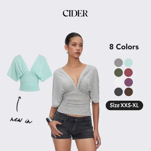 Cider Lyocell-blend V-neck Batwing Sleeve Lightweight Ruched Slim Tee