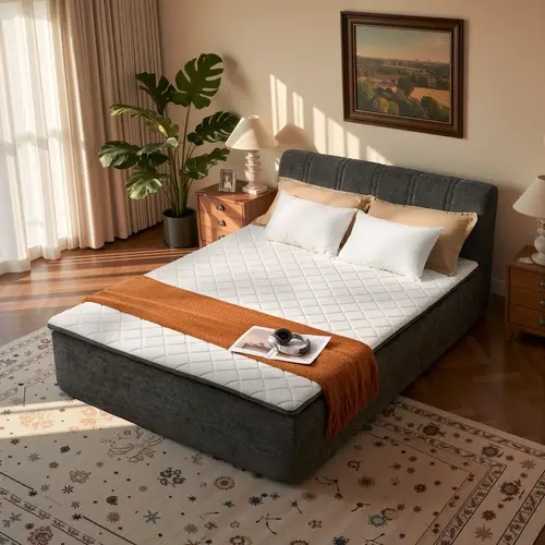 【Deals For You】OVIOS Queen Complete Bed with Hybrid Mattress & Removable Upholstered Headboard, Bed Frame and Mattress in One Box, No Assembly Required, Medium Firm Memory Foam & Pocket Springs, Motion Isolation, CertiPUR-US Certified