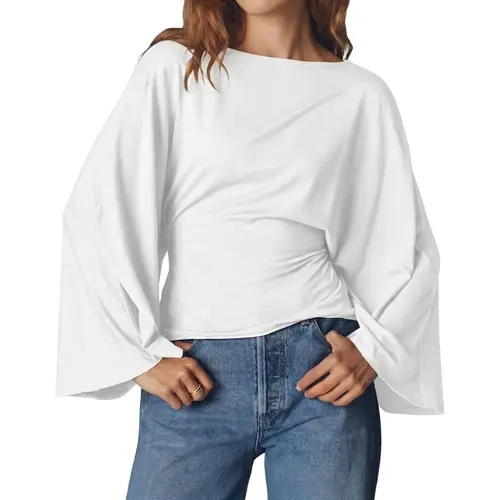 Cicy Bell Women Long Sleeve Wrap Tops Tie Back Boat Neck T Shirt | Casual Trendy, Batwing Long Sleeve, Loose Fit, Cinched Waist, Flowy Blouse, Summer, Fall Clothes Lightweight Basic Womenswear