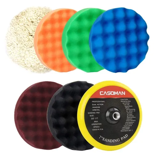 CASOMAN 7-Inch Automotive Polishing System Car Buffers and Polishers Kit - Polyurethane Foam, 5pcs 7" Waffle Foam Grip Pads, 1pc 8" Wool Grip Pad, Hook and Loop, 5/8"-11t Fit Waxing Accessories