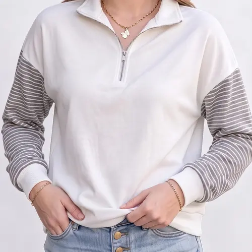 Shewin Women's Color Block Half Zip Sweatshirt Striped Raglan Long Sleeve Loose Everyday Casual Pullover
