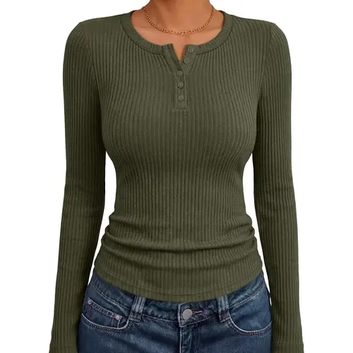 ANRABESS Women's Long Sleeve Shirts Ribbed Henley Top | Slim Fitted Tee, Soft Cozy, Business Casual Office Outfit, Going Out Daily Wear, Fall Spring Layering Clothing Sweater Stretchy Fabric