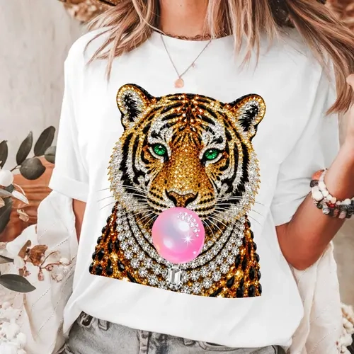 Women's Rhinestone Oversized Washed Hoodie - Round Neck, Glam Tiger Graphic, Breathable Cotton, Light Stretch, Bubble Gum Color, Baddie Aesthetic Streetwear, Casual Halloween Top (Hoodies & Tank Top Collection)