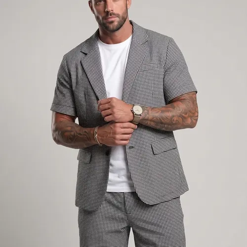 KZZ Men's 2-Piece Fitted Classic Checkered Suit Set - Peak Lapel Button Blazer, Medium-Length Shorts, Formal Evening Wear, Men's 2 Piece Sets