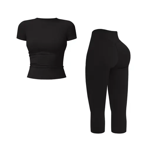 JGS1996 Women's Sporty 2-Piece Set – Solid Round Neck Crop Tee & High Waisted Three-Quarter Leggings Tracksuit Set for Yoga Fitness Gym Workout Running Breathable & Comfortable Activewear Summer