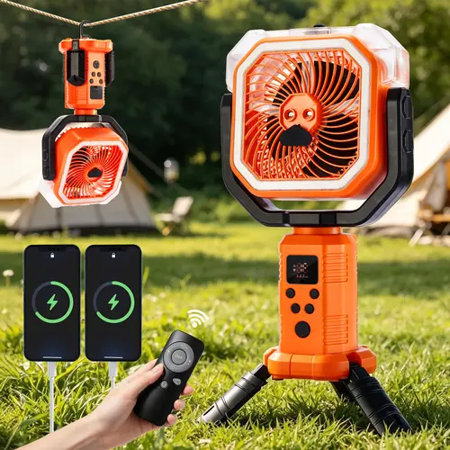 Qawtor 2026 Upgraded Built-in Li-ion Rechargeable Portable Camping Fan - Mist Cooling, Compact, USB Port, Tripod, Hanging Hook, Telescopic Adjustable Stand, Digital Display, Multi-Speed, Modern Style, Portable Charger, Batteries | For Office Desks