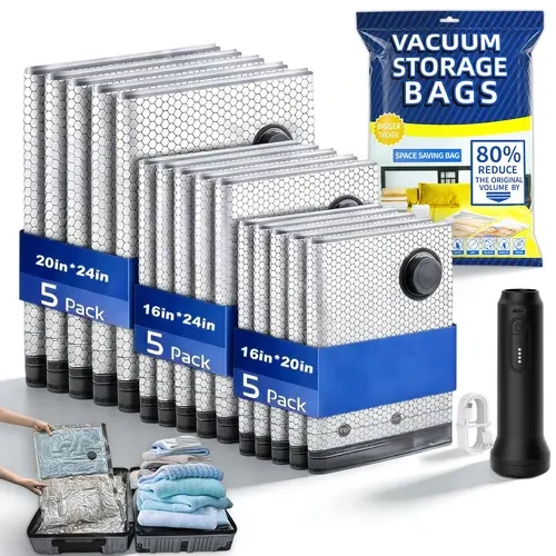 Cordless Travel Vacuum Compression Bag Set for Carry-On Suitcases (Electric Pump)Compressible Travel Bags, Vacuum Packing Kits, Luggage Packing Organiser
