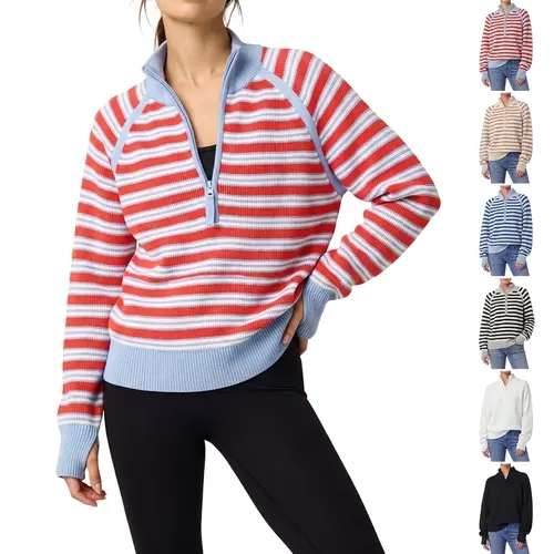 Aswulk Women's Striped Waffle Knit Half Zip Pullover Long Sleeve Thumb Hole Casual Athleisure Sweater