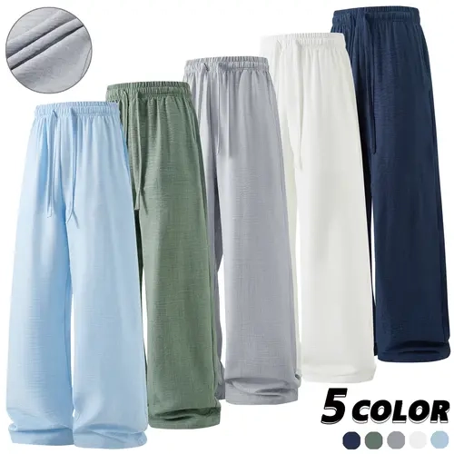 EKF Men's Soft Breathable Loose-Fit Solid Trousers - Elastic Waistband, Adjustable Drawstring, Regular-Leg for Beach Strolls, Home Wear