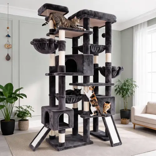 SHA CERLIN 87in (7.3ft) Heavy-Duty Multi-Level Cat Tree Tower - Cozy Kitten Condo with Sisal Posts, Deep Contour Basket Hammocks, 2-in-1 Scratching Ramps, Hanging Plush Balls, Top Perches, Privacy Nooks, Boredom-Proof Cloud-Like Sleeping Experience