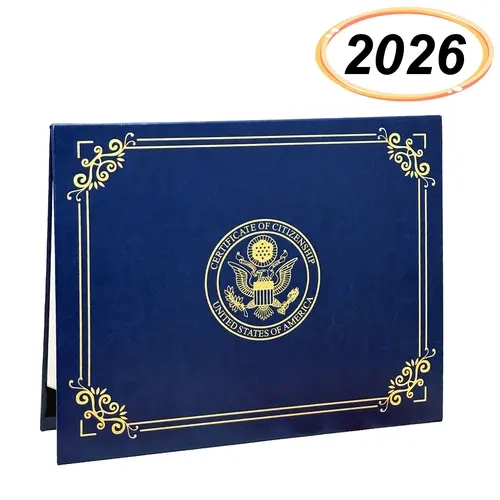 Sticque Faux Leather Padded US Citizenship Certificate Holder with Cover - Textured, Sustainable & Stylish Desk Organizer, Golden Great Seal, 4 Corner Ribbons, Fits 2017-2026 Sizes, Elegant Gift for New Naturalized Americans