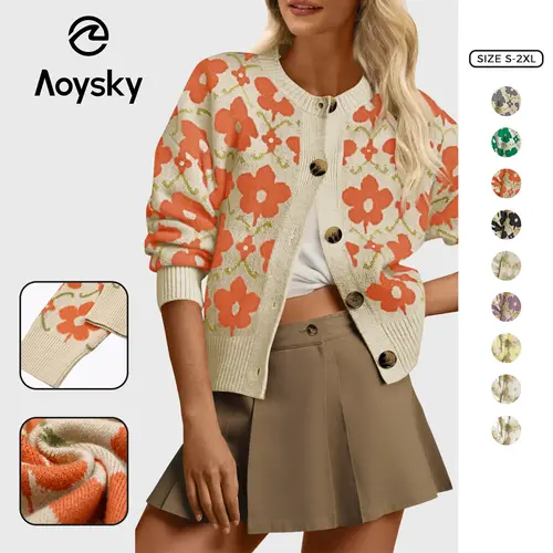Aoysky Women's Vintage Floral Print Soft Knit Mix Acrylic Knit Cardigan - Ribbed Crewneck, Button-Down, Loose, Longsleeves Cute Top, Knitwear, Casual Wear, Back to School