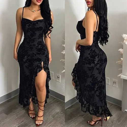 CHICME Women's Vintage Flocking Floral Maxi Dress Sexy Cowl Neck Cami Dress High Slit Backless Bodycon Evening Gown