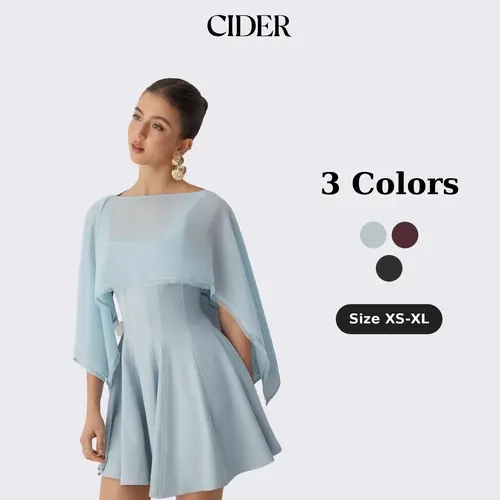 Cider Chiffon Lace Trim Cape & Square Neck Flared Mini Dress Set