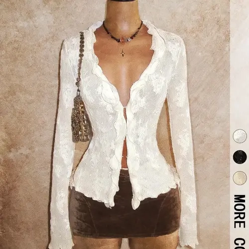 Women's Vintage Semi Sheer Knit Top, Deep V Neck Ruffle Trim Button Front Long Flared Sleeves Slim Top Blouse for Date Night Party