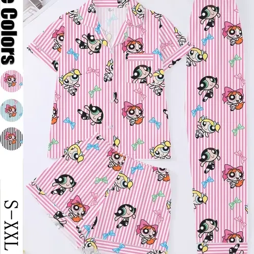 Women's 3-Piece Striped Pajama Set, Casual Cartoon Print Sleepwear, Loungewear Nightwear, Soft Fitted Top, Elastic Shorts & Pants, Elegant Daily & Party Wear