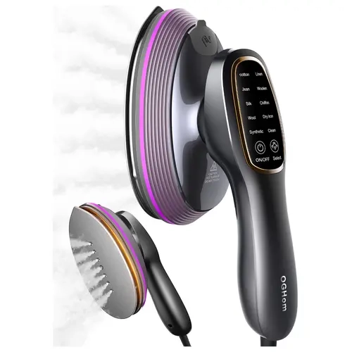 OGHom GH03 2-in-1 Dry & Steam Ironing Garment Steamer, Handheld Portable Steamer for Clothing (Blush Pink), 1200W 20s Fast Heat, 120V, 120ML Tank, 10 Smart Fabric Settings, Large Heating Plate, Seamless Touch Controls